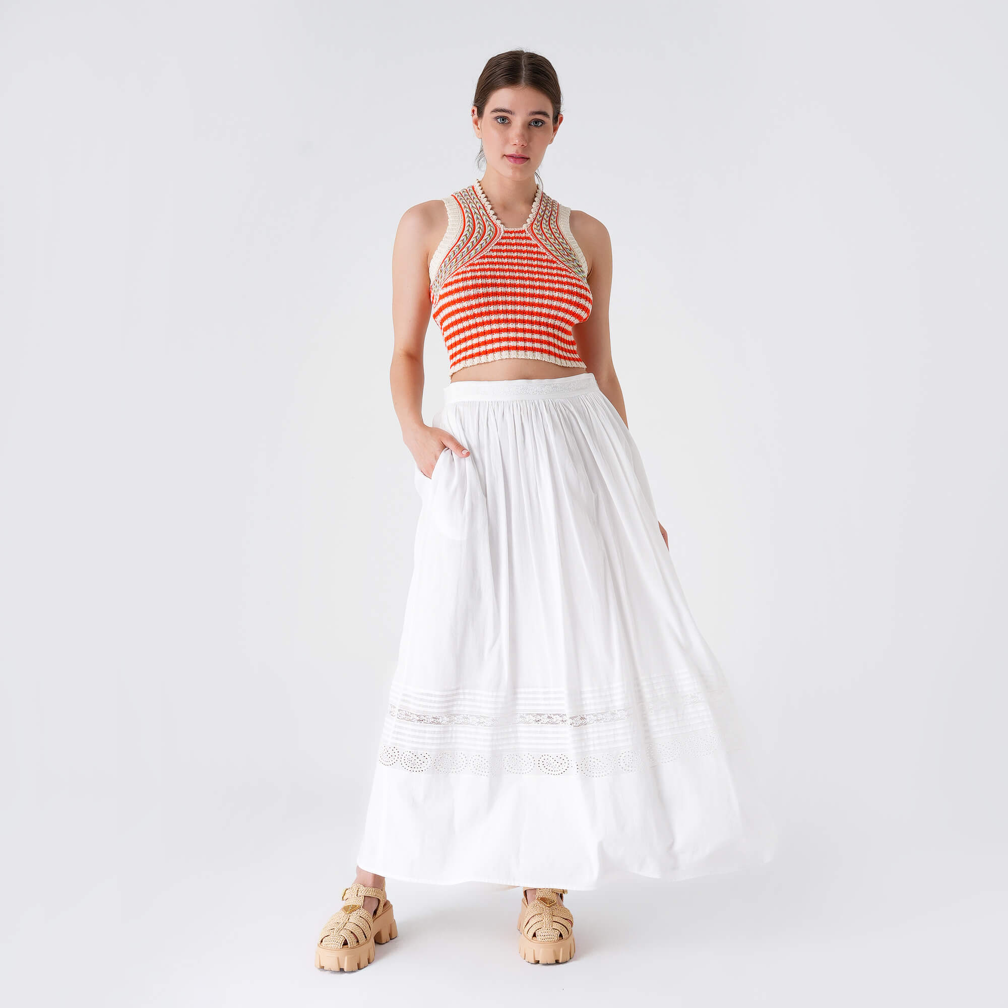 Etro - White Cotton Lace Long Skirt